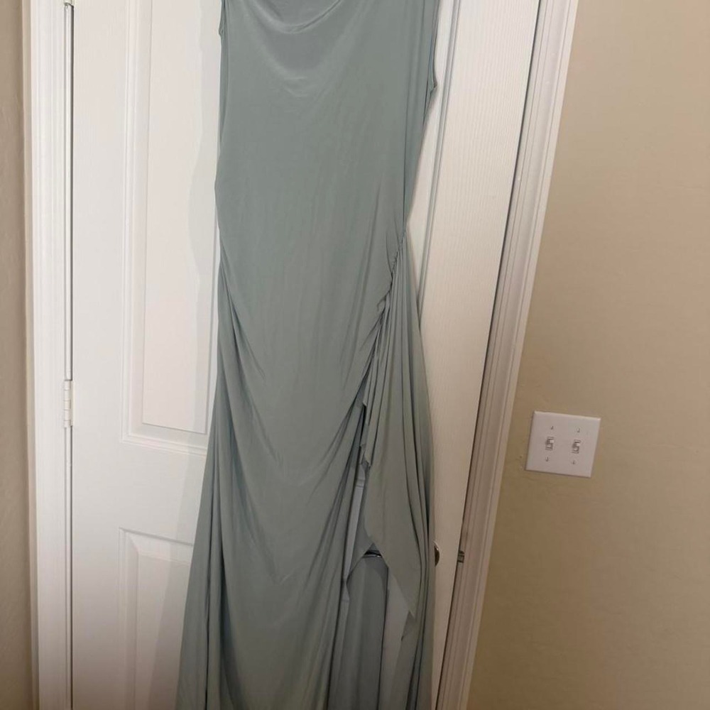 PrettyLittleThing Light Green Cowl Neck Ruched Side Slit Maxi Dress Size 10